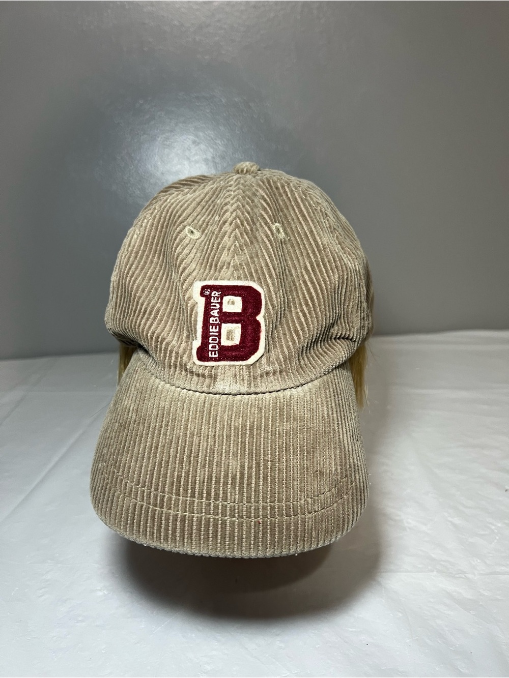 Eddie Bauer Corduroy Varsity B Strapback Hat Beige Tan Y2K Cap